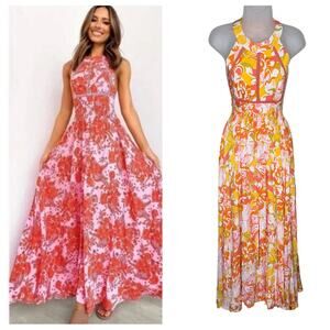 NWT ABEL THE LABEL Anthropologie Orange Yellow Open Back Halter Maxi Dress
